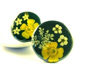 Pinback buttons, badges, brooch- Green Meadows (set of 2), with real flowers, OOAK, 1.5 inches -38mm in diameter.