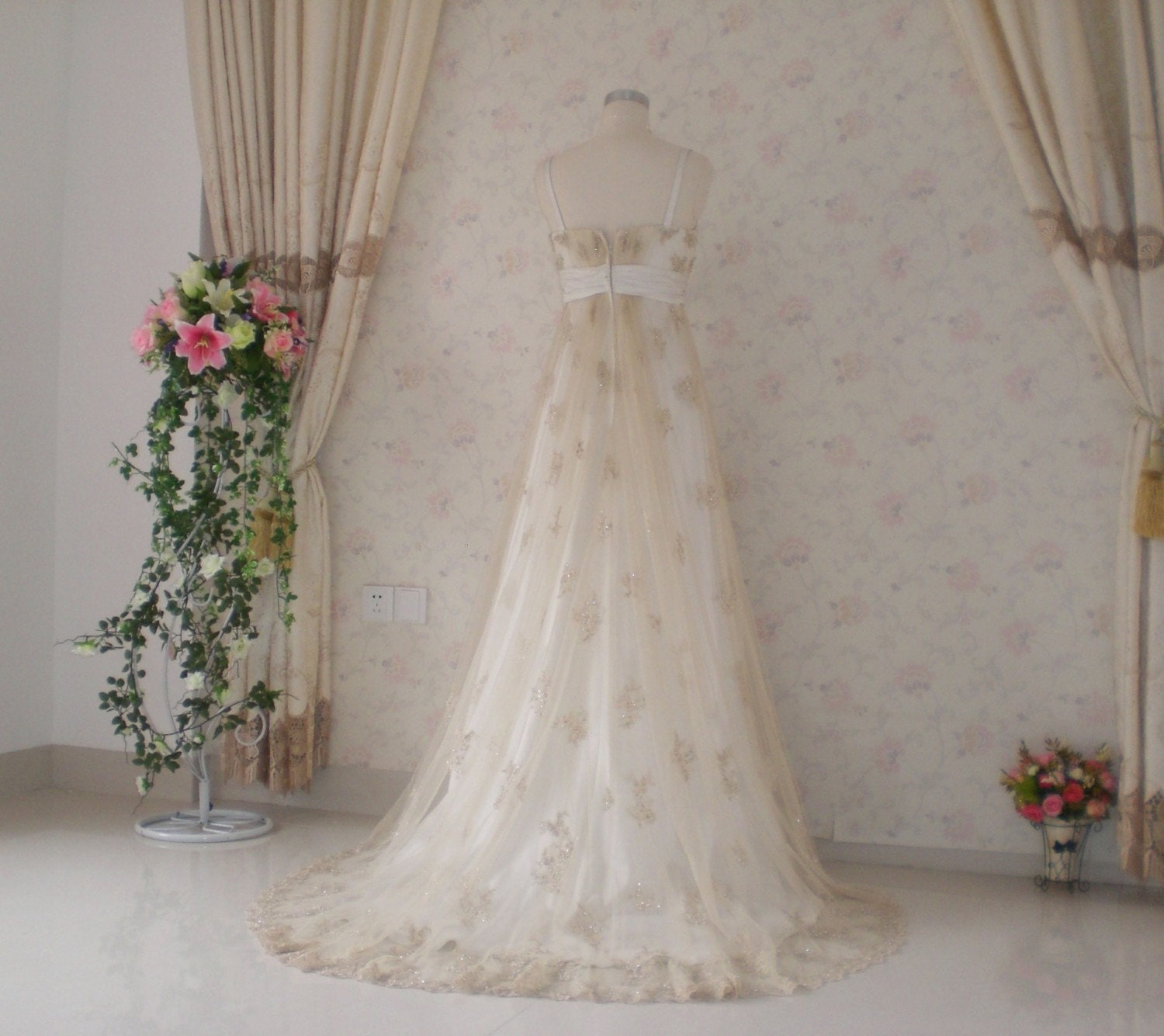 Wedding Dress with Vintage Inspired Lace and Charmeuse Empire Waist Style
