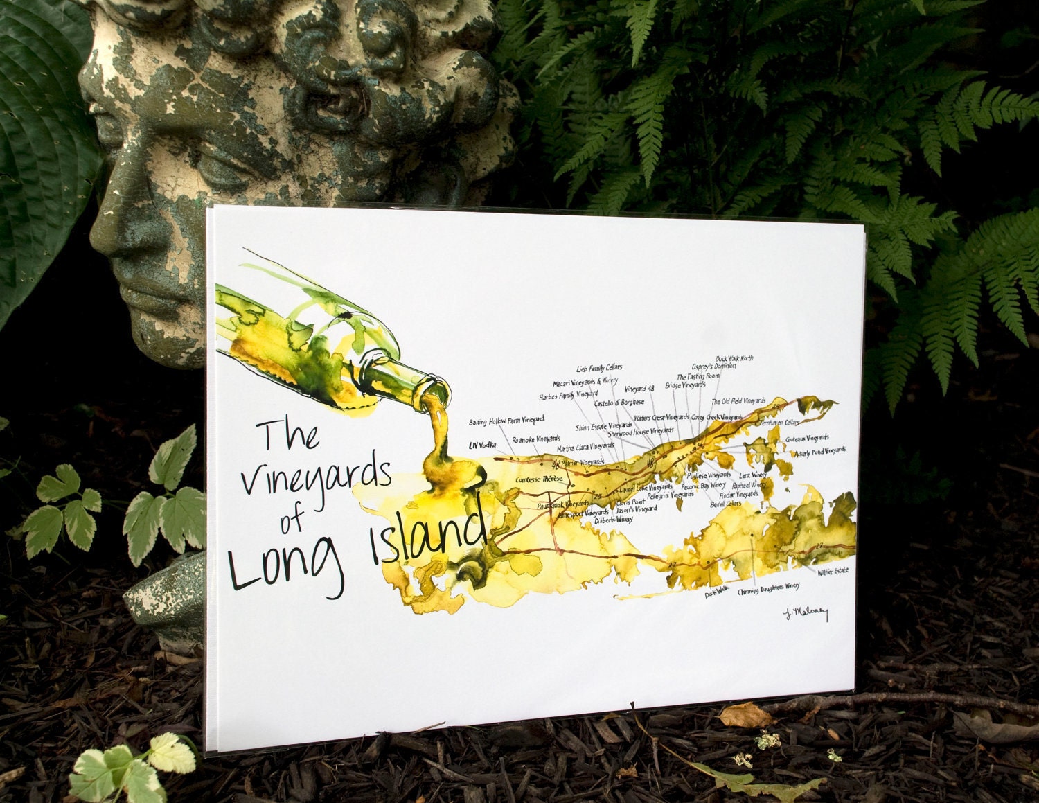 Vineyards of Long Island Map - 12 x 16 Print - Watercolor - Wine Lover Gift- Wall Art