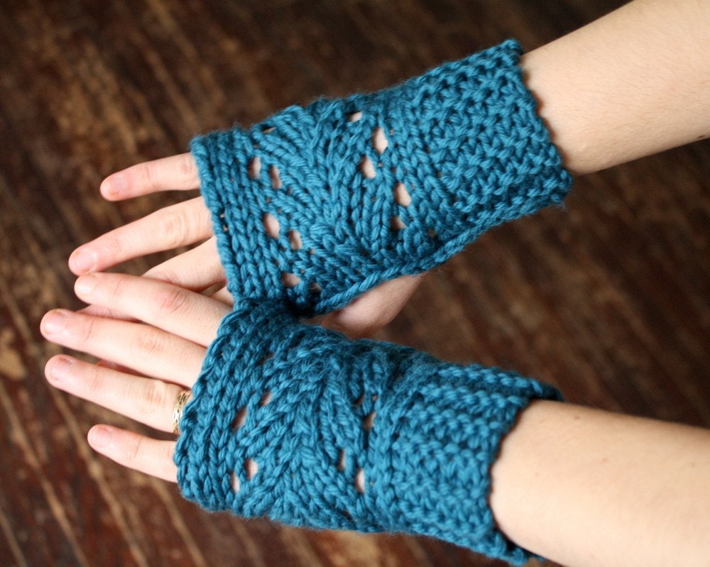 Knit Lace Fingerless Mitts - Merino Wool - Teal Blue