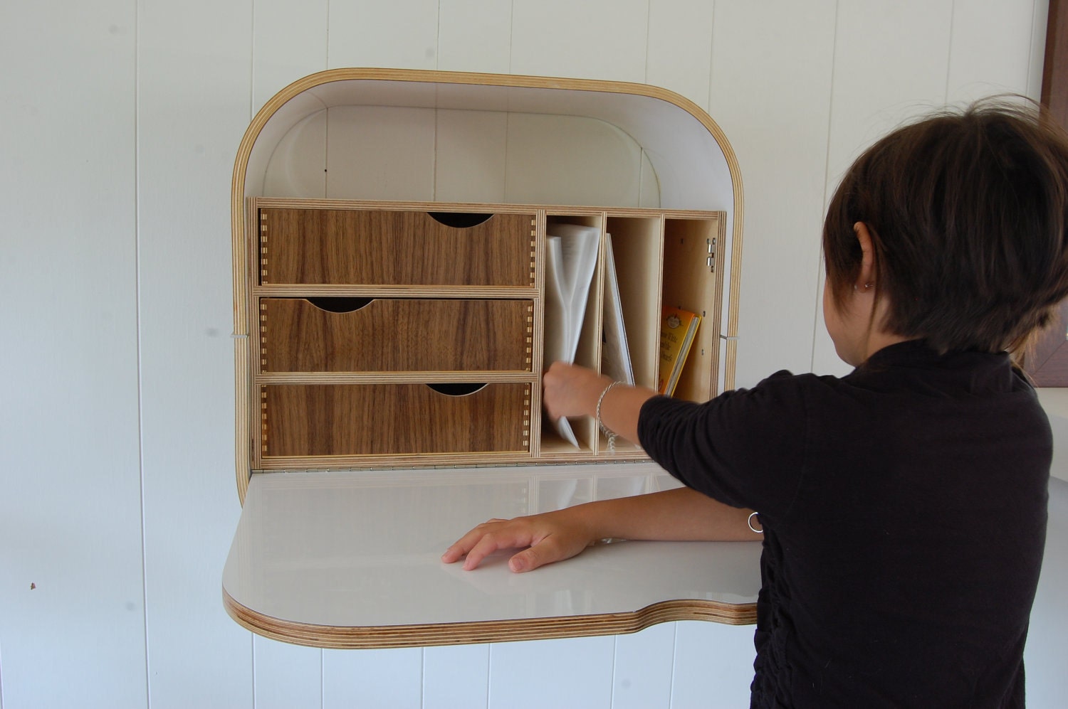 Desk, wall mounted mail sorting cabinet