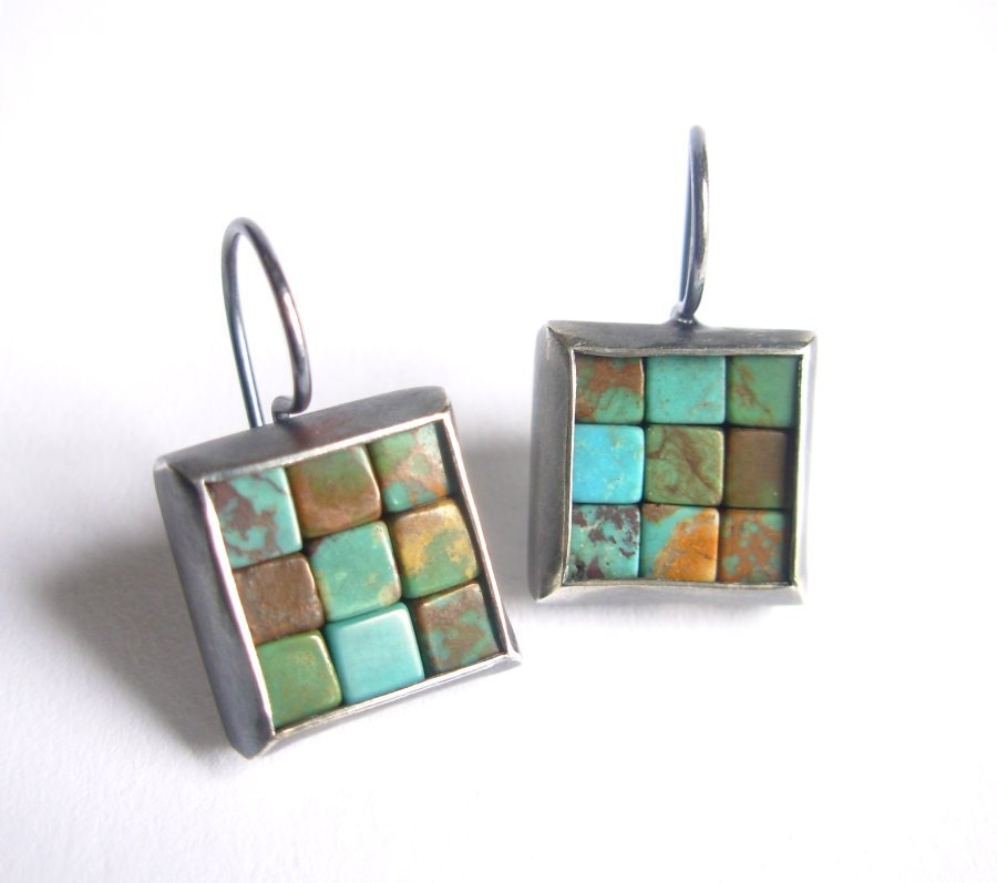 Mosaic Earrings - Turquoise Oxidized Silver
