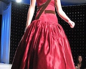 SAMPLE Size 2 Red Hemp Silk Prom Dress Strapless Ball Gown with Drop Waist, Brown Velvet Ribbon, Handmade Feather Detail & Pockets