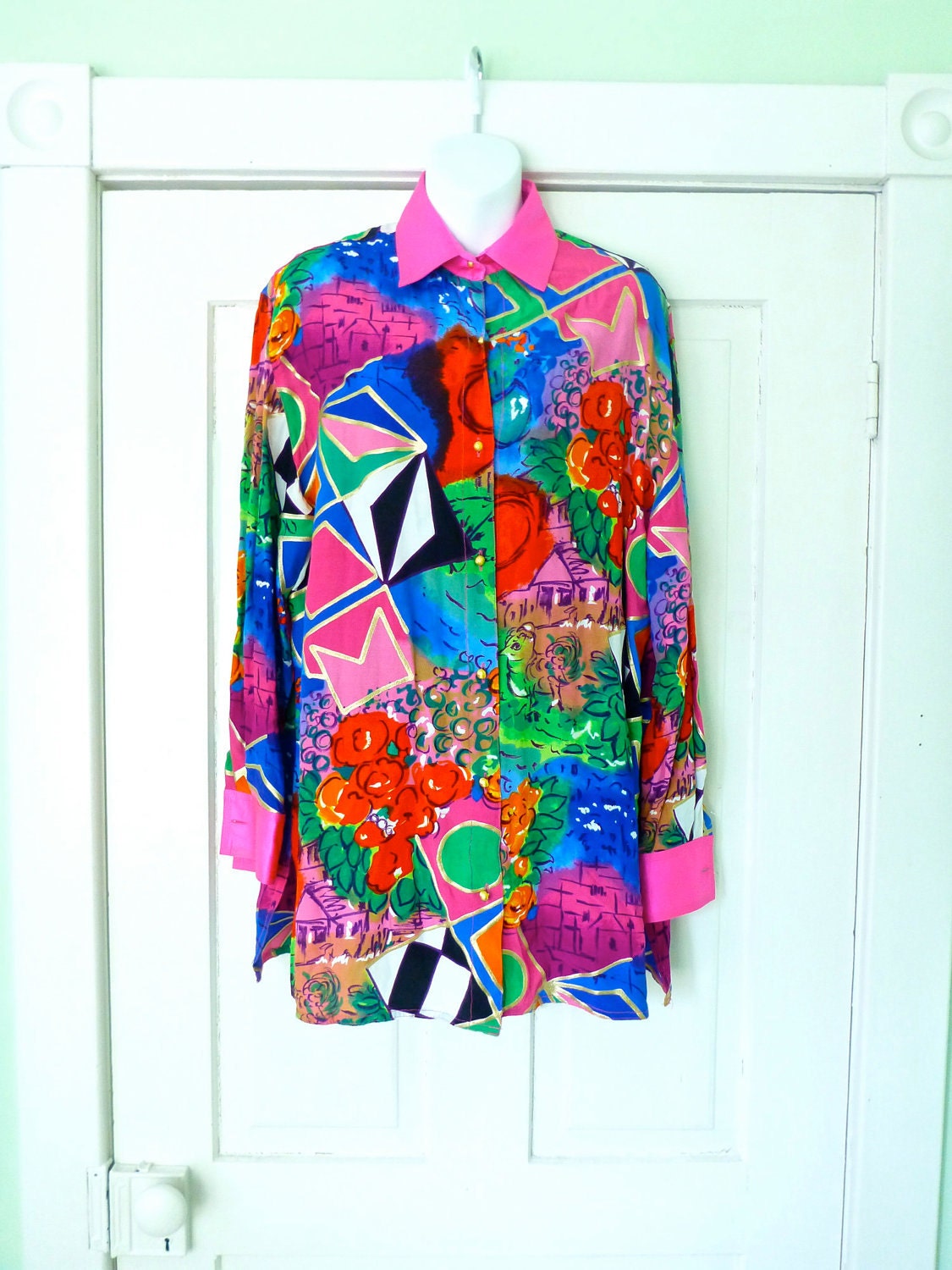 Vtg. Oversized Avant Garde 90s Graphic Blouse- 90s, Silk, Hipster, Urban Outfitters, Fuschia, Pink