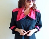 80's Avant Garde Secretary Blouse- Military, Medium, Fuschia, Black, 8