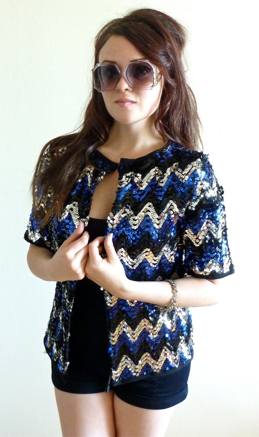VTG. Avant Garde Sequin Jacket- Med, Glam, Blue, Gaga, Zig Zag