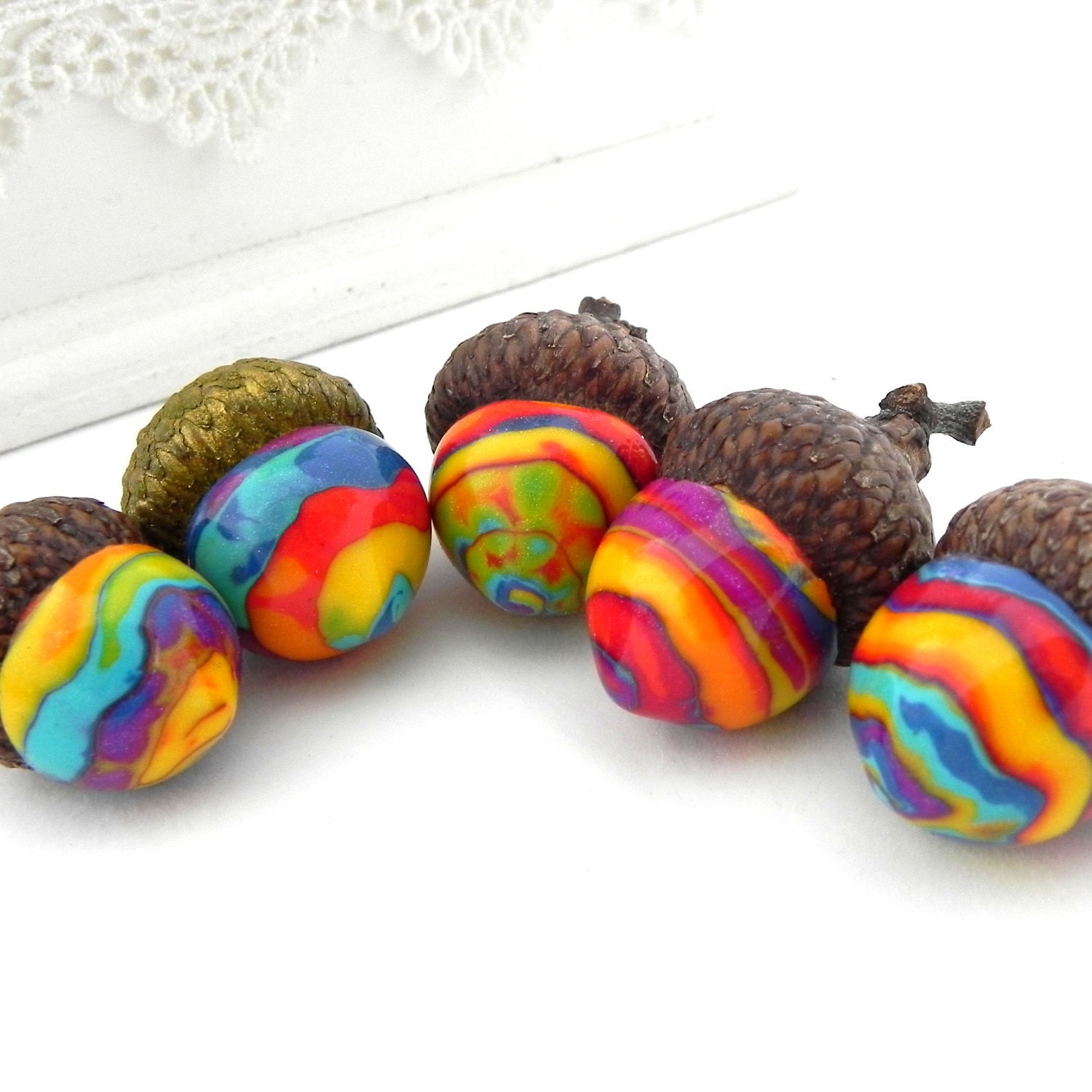 Rainbow Acorn Decorations - Handmade Polymer Clay