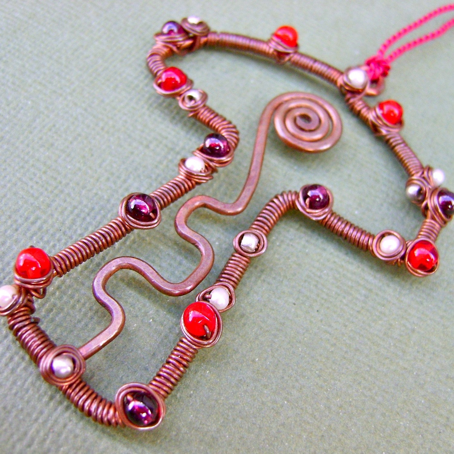 Amanita Mushroom Necklace in Recycled Copper, Silver, Garnet, Pearl and Red Czech Glass. Jewelry by FullSpiral on Etsy.