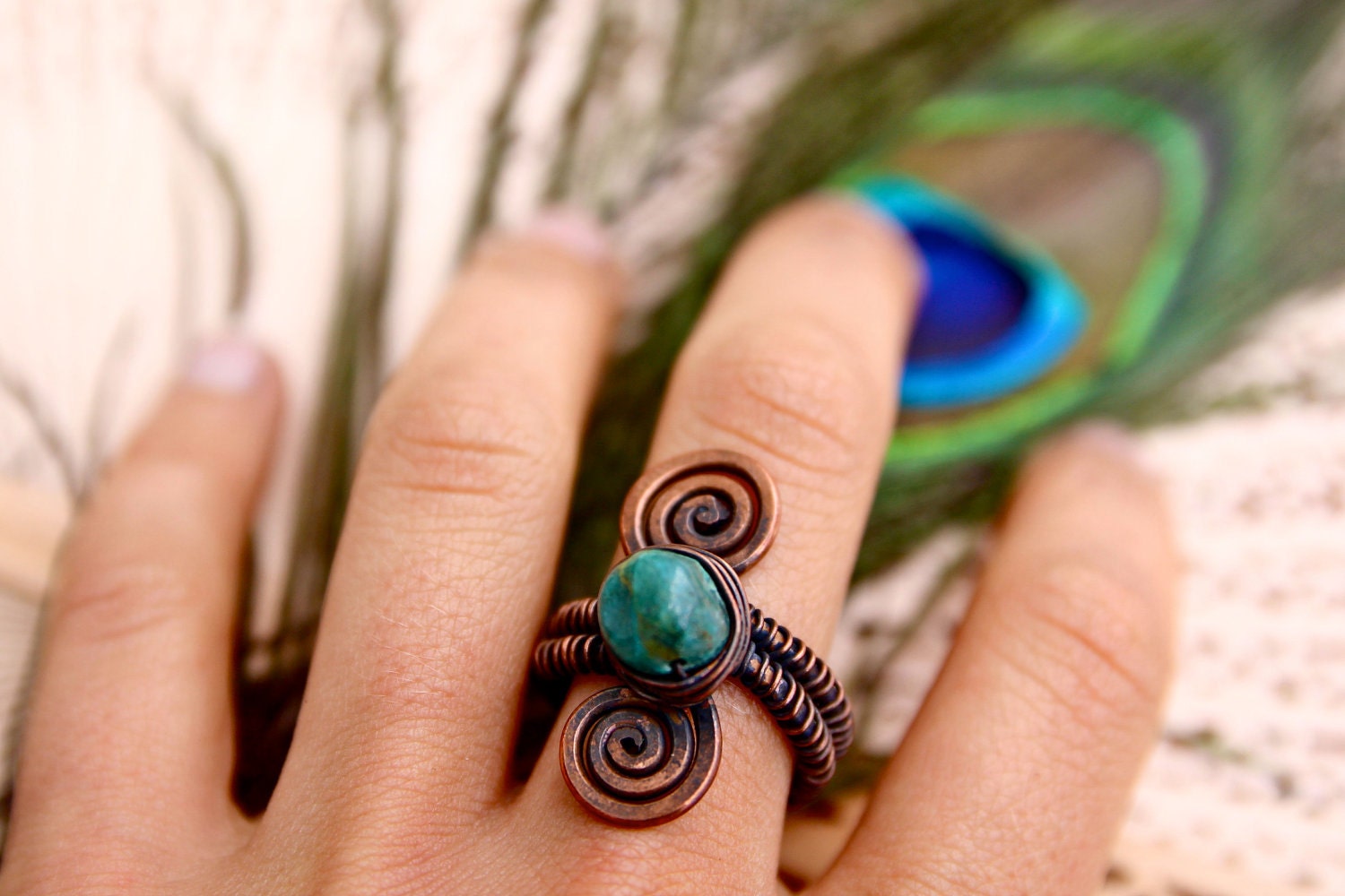 Recycled Copper Double Spiral Teal Chrysocolla Woven Ring. Size 8. Jewelry by FullSpiral on Etsy
