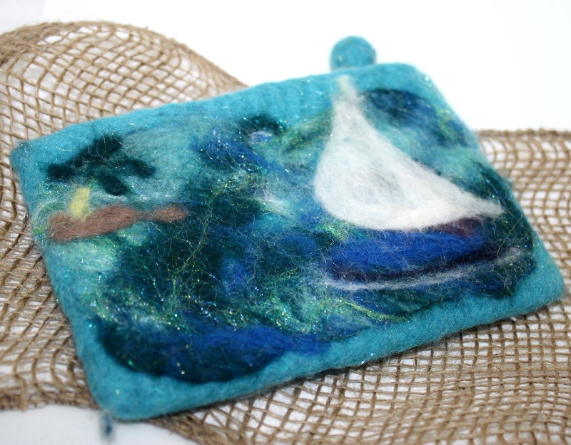 Needle Felted Landscape Clutch Purse "SAILING"