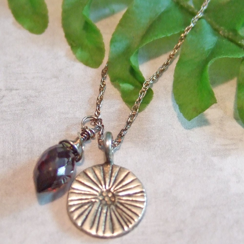 Simple Garnet and Sterling Silver Charm Necklace and Earrings