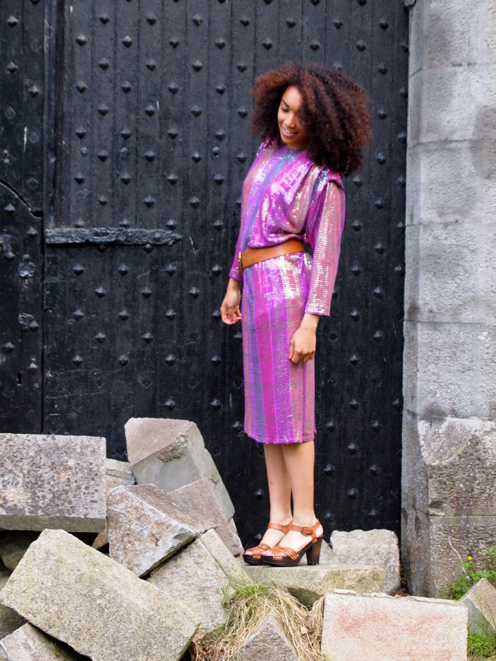 Mermaid, Stunning French Vintage, Metallic, Purple Long Sleeved Dress, from Paris