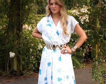 Rose Blanc, French Vintage, White and Electric Blue Print Floral Midi Dress, from Paris