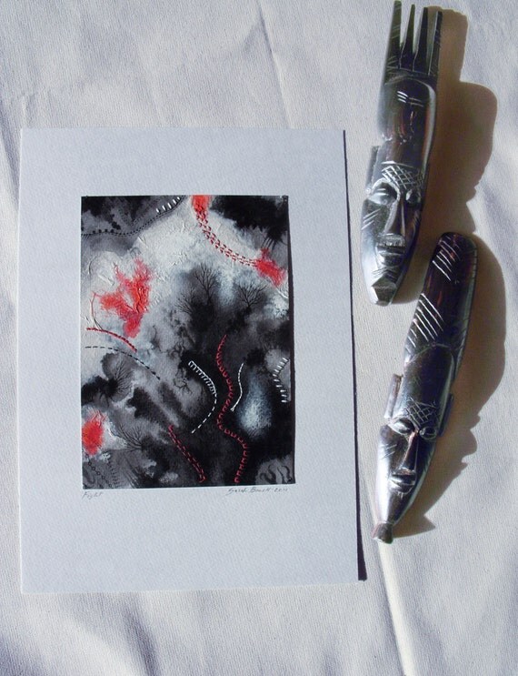 Original painting Abstract  Black and white  watercolor collage mixed media - Fight
