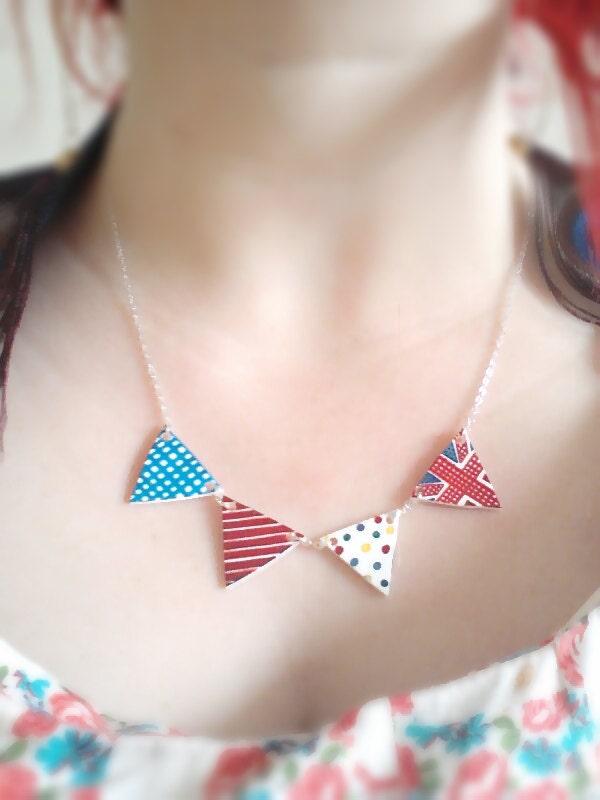 Bunting necklace, retro, flag olympic theme. Handmade kitsch Jewelry Britsh countryside style pendant