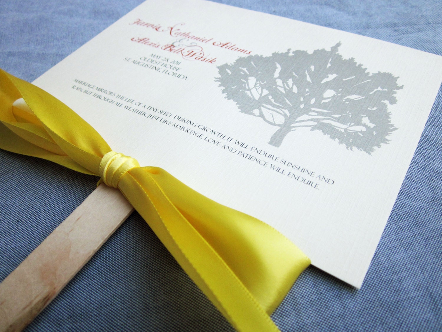 Rustic Tree and Ribbon Custom Fan Wedding Program Shown in Yellow, Red and Ivory