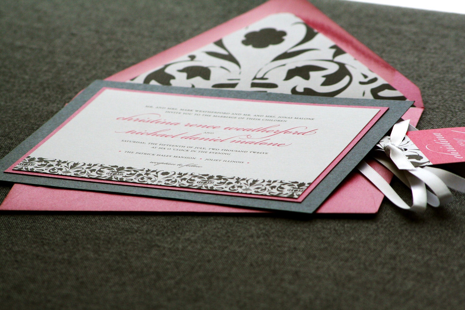 Elegant Damask Classic Wedding Invitation shown in Hot Pink, Charcoal and White, Build-Your-Invite Collection - DEPOSIT