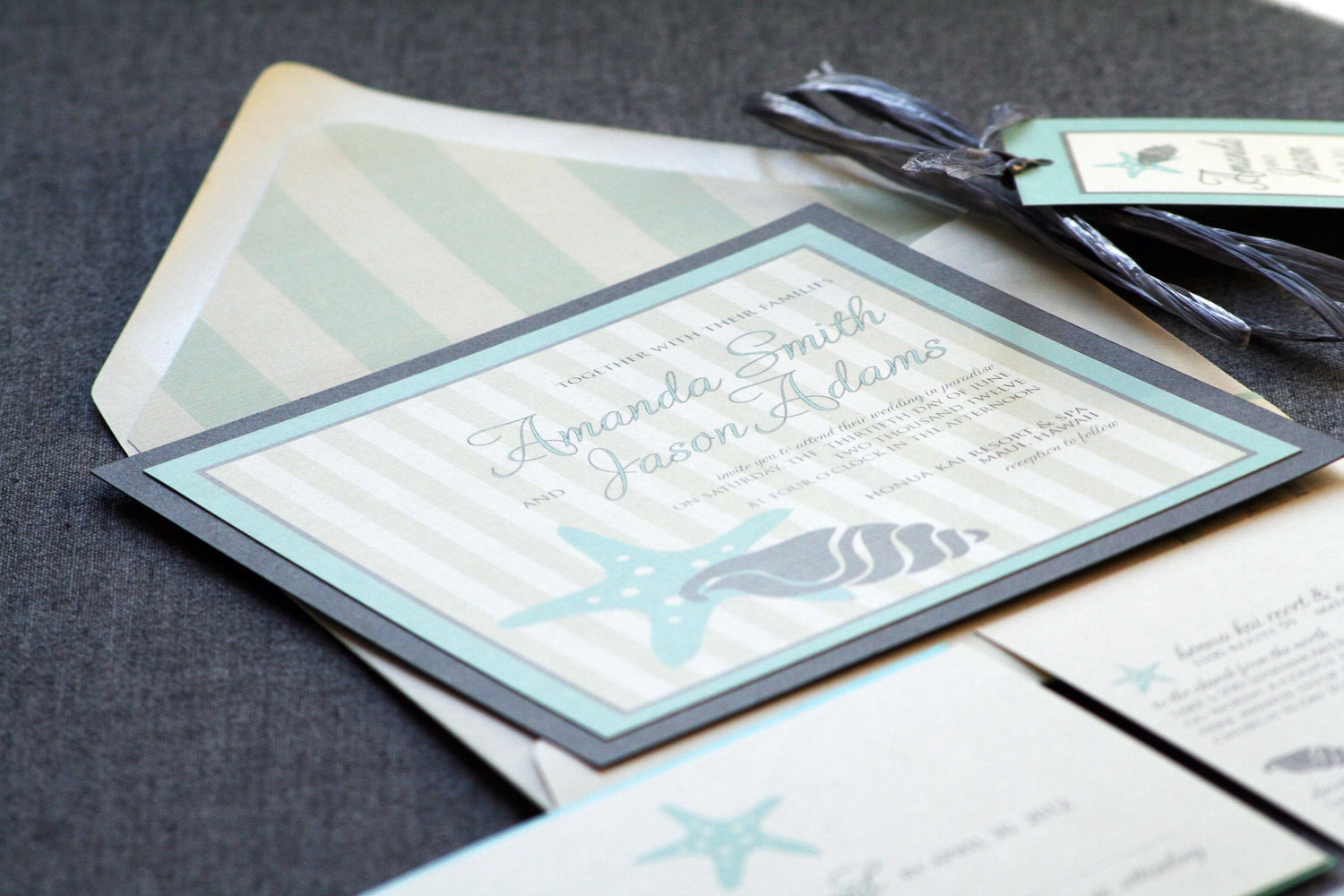 Starfish and Shell Beach Wedding Invitation shown in Blue, Grey and Cream, Build-Your-Invite Collection - SAMPLE