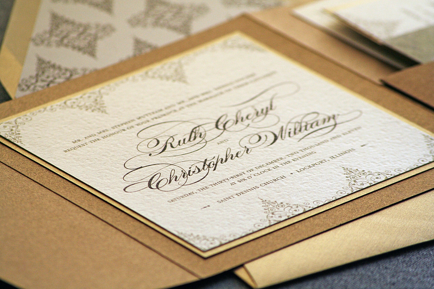 Delicate Filigree Classic Wedding Invitation shown in Bronze, Gold and Cream, Build-Your-Invite Collection - SAMPLE - JulieHananDesign