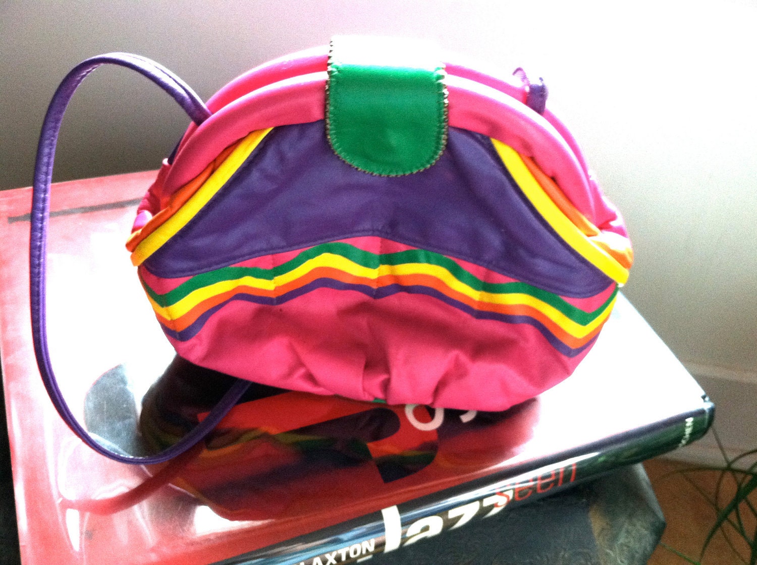 NOBLE Handbags Designer Vintage Label Multi colored zigzag color block leather shoulder bag purse purple pink yellow SALE was 50