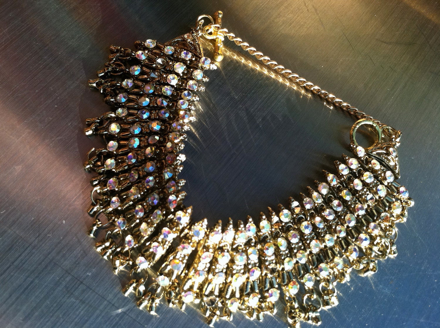 122 GLITZ Sparkling Aurora Borealis Crystals Link Articulated WOW Bracelet Runway Vintage Jewelry Golden Era Designer SALE was 85