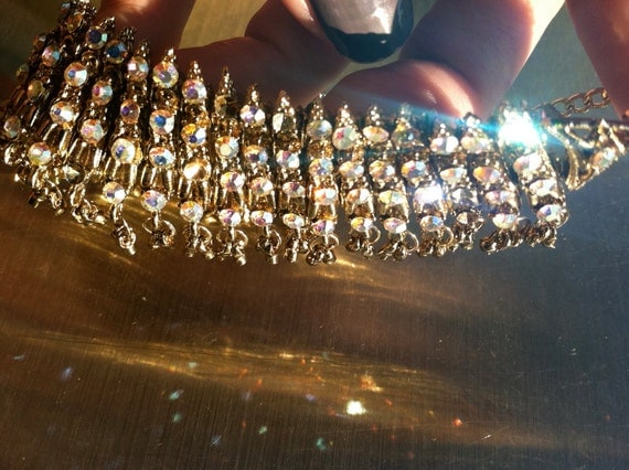 122 GLITZ Sparkling Aurora Borealis Crystals Link Articulated WOW Bracelet Runway Vintage Jewelry Golden Era Designer SALE was 85