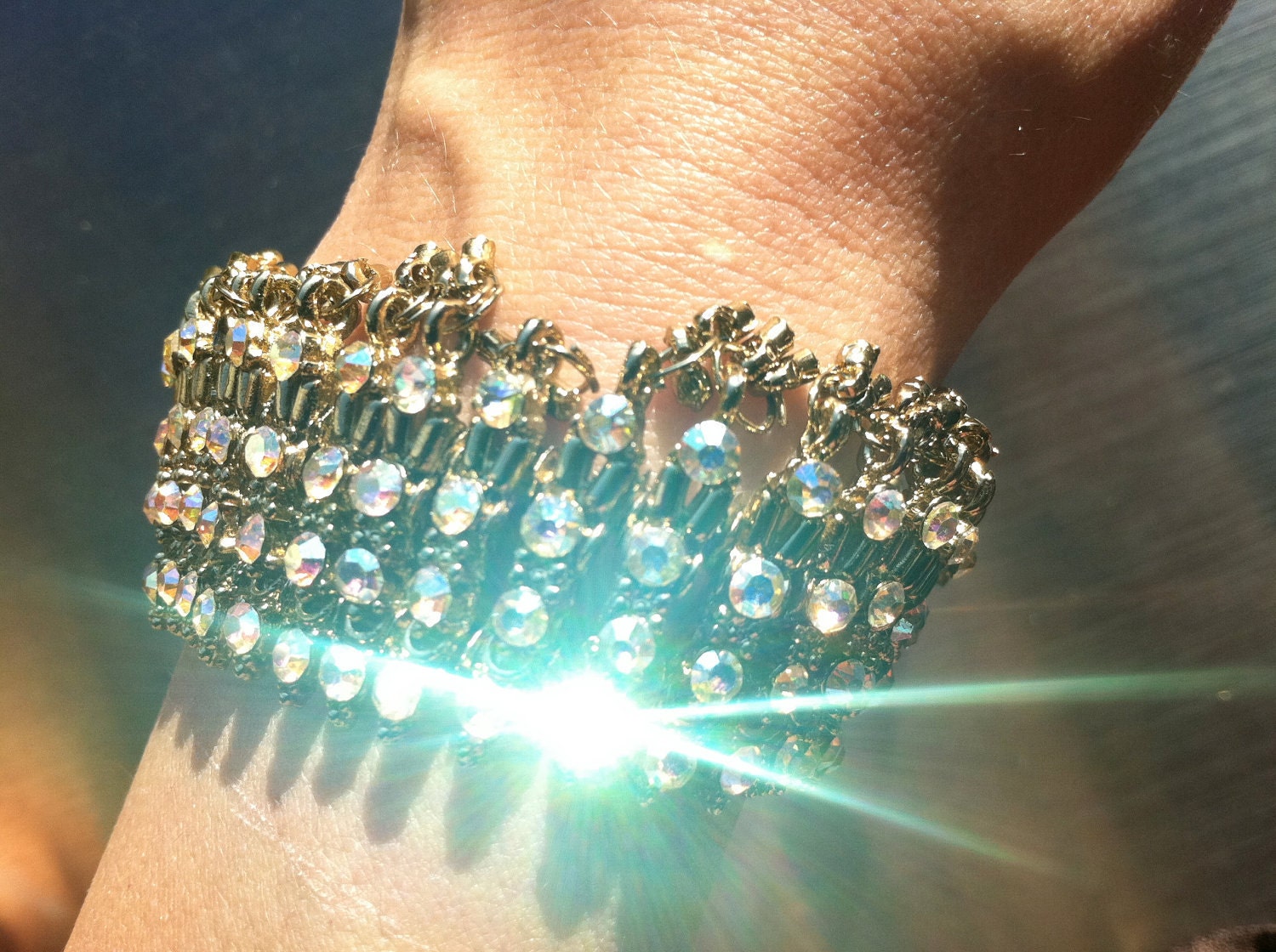 122 GLITZ Sparkling Aurora Borealis Crystals Link Articulated WOW Bracelet Runway Vintage Jewelry Golden Era Designer SALE was 85