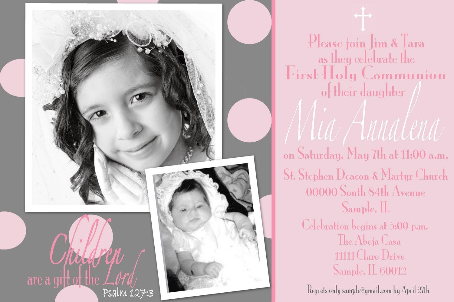 PINK and GRAY Holy First Communion, Baptism or Dedication Digital Invitaion Il_170x135