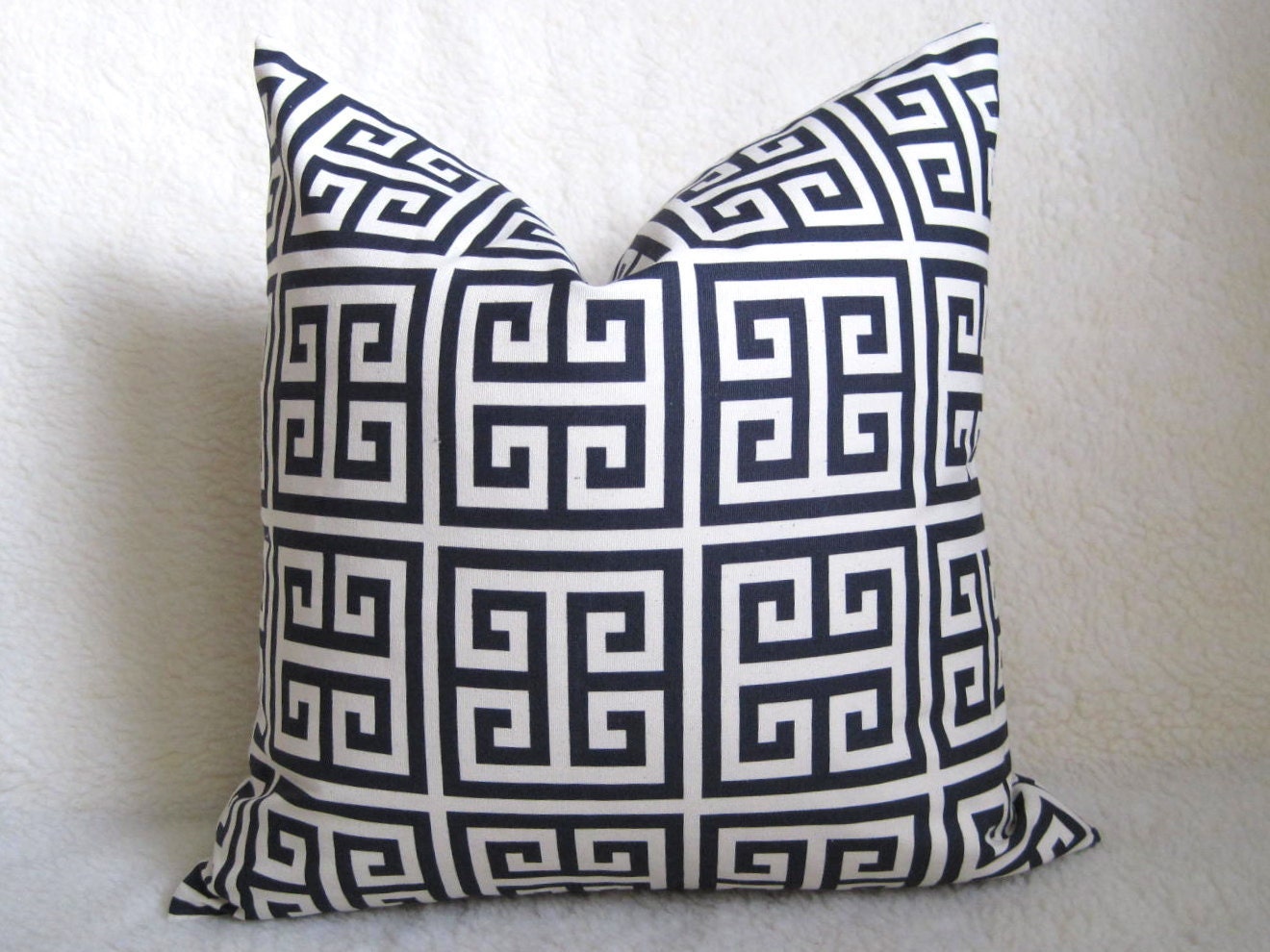 Designer Decorative Greek Key Pillow - Squares - Navy Blue and Cream - 18 inch - BOTH SIDES - Decorative Pillow - Throw Pillow - Navy Pillow