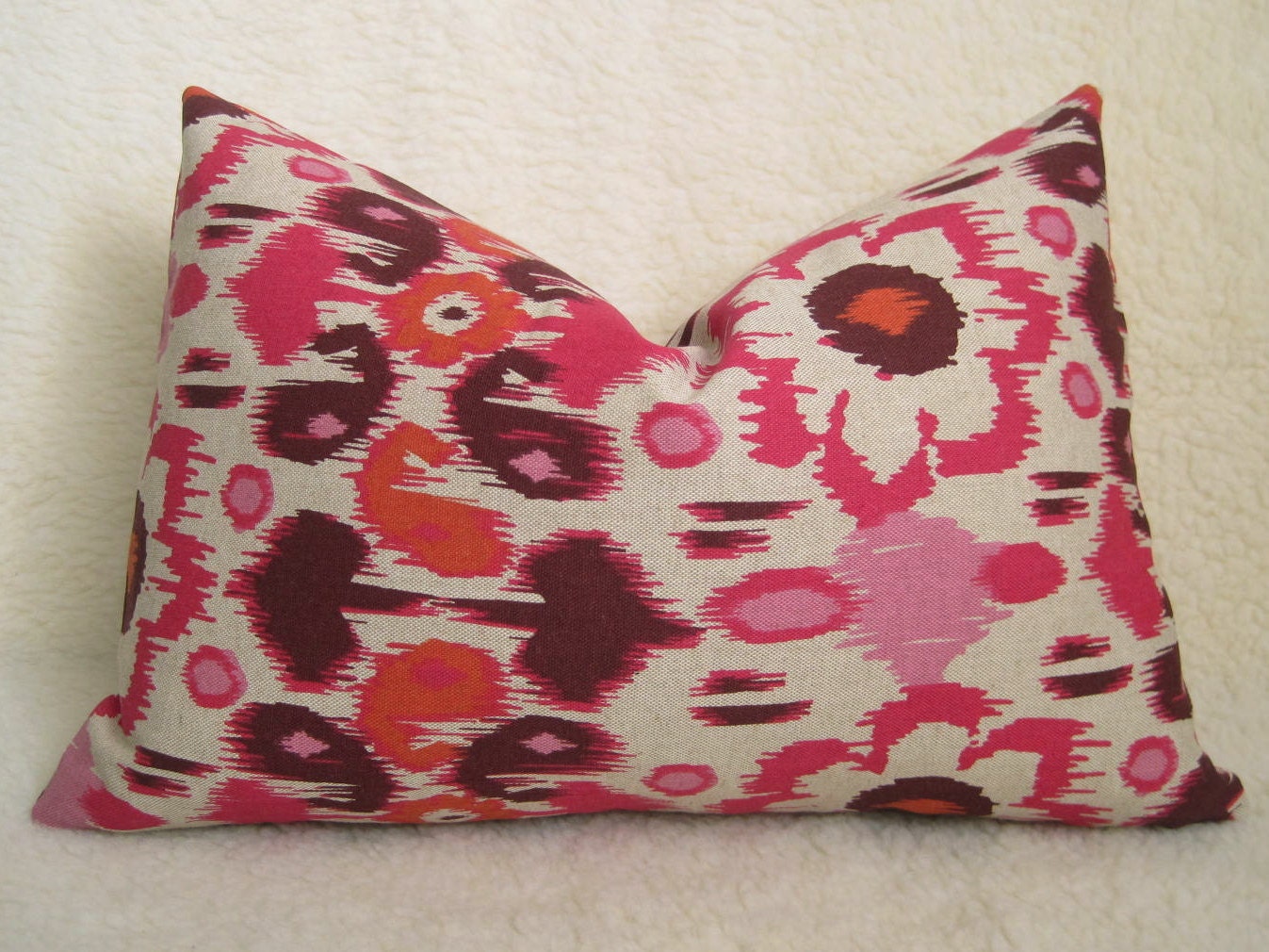 Floral Ikat Decorative Pillow - Fushcia - Orange - Pink - Dark Purple - Hot Pink - 12x18 inch - Designer Pillow - Ikat Pillow - Linen Pillow