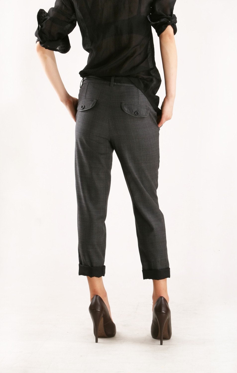 Grey plaid pants with leather belt