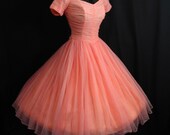 Vintage 1950's 50s Bombshell Coral PINK Salmon Ruched Chiffon Circle Skirt Party Prom Wedding Dress