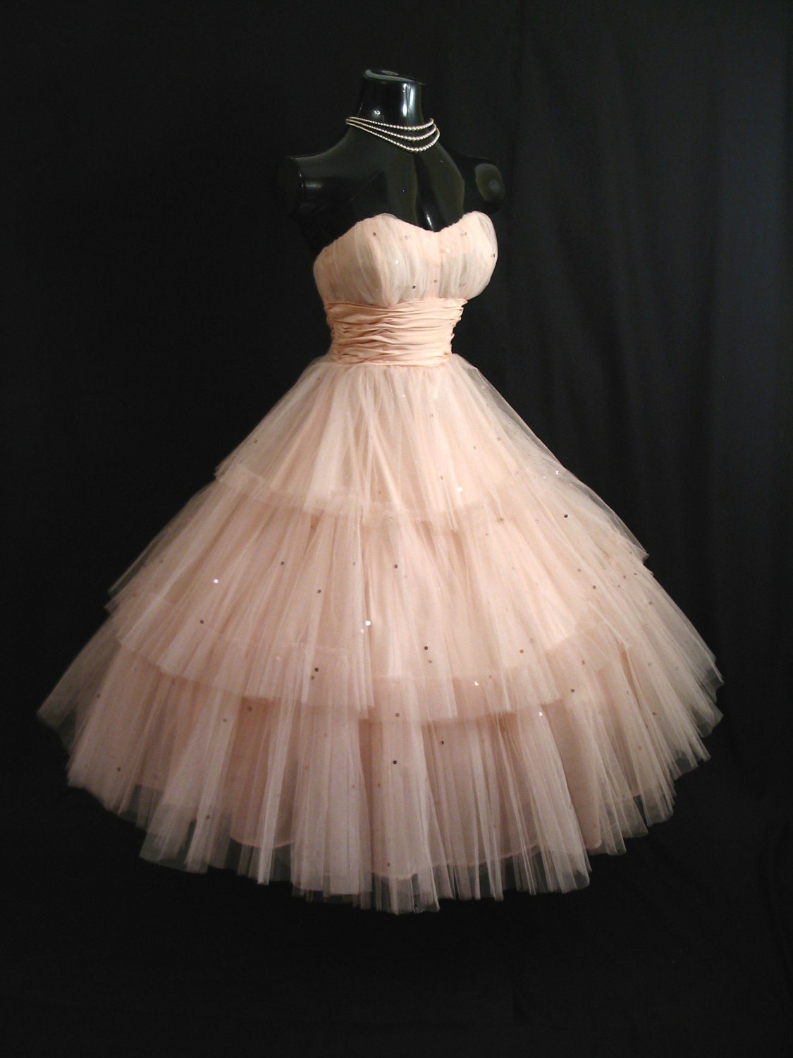 Vintage 50's 50s STRAPLESS Shell Pink Layered Tulle Taffeta Sequins Party PROM Wedding DRESS Gown