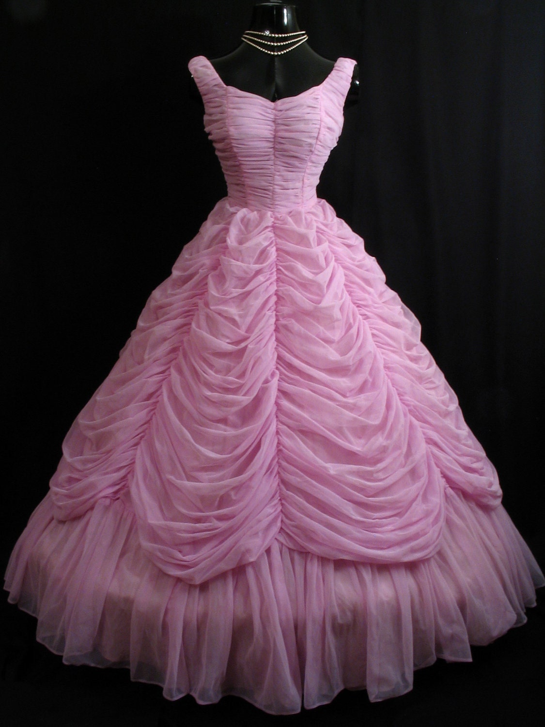 Vintage 1950's 50s Strapless Orchid PINK Lavender Ruched Swags Chiffon Organza Circle Skirt Party Prom Wedding Dress