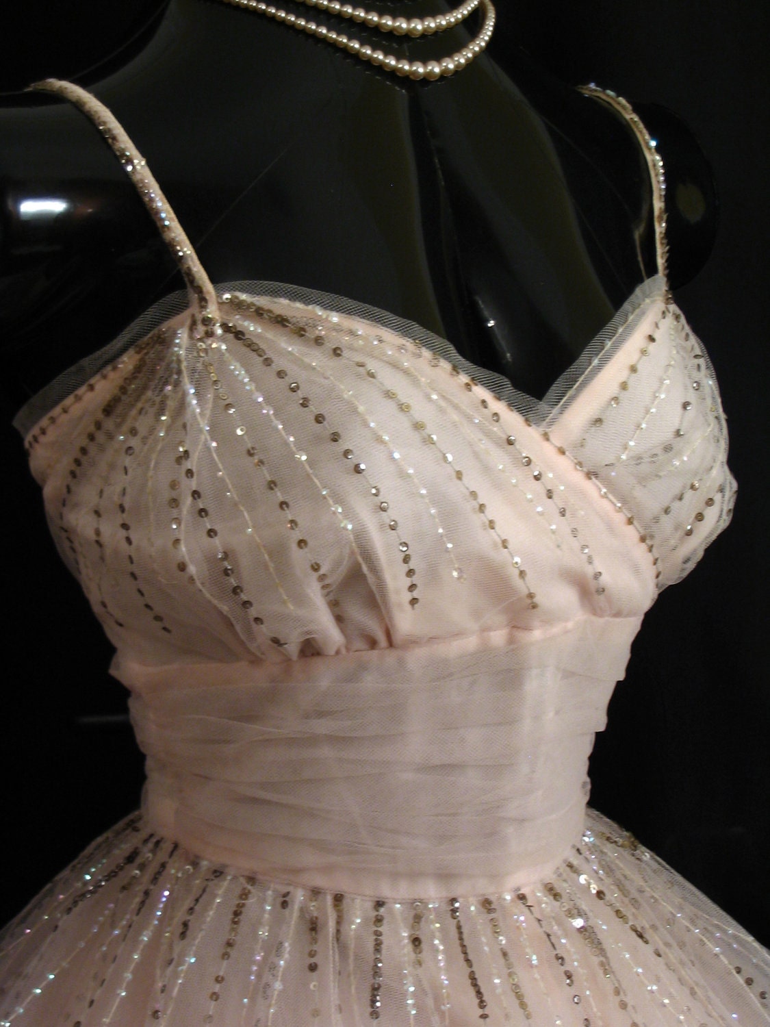 Vintage 1950's 50s PINK Tulle Sequins Circle Skirt Prom Party Wedding Dress Gown