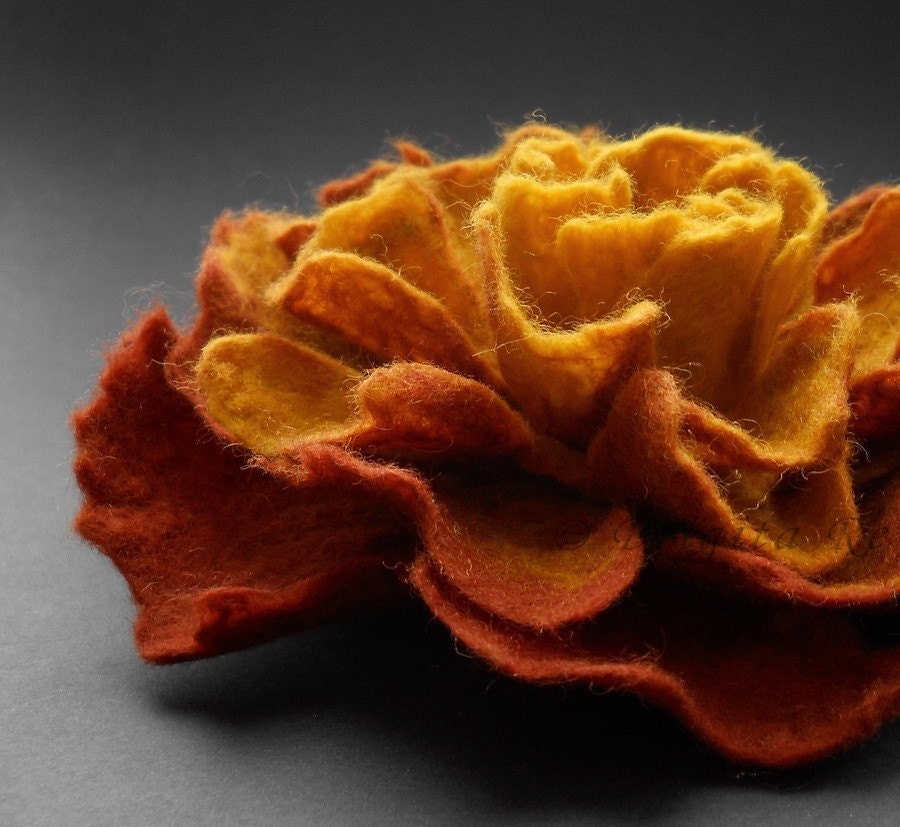 Copper and Honey Felt Flower Brooch Handmade to Order