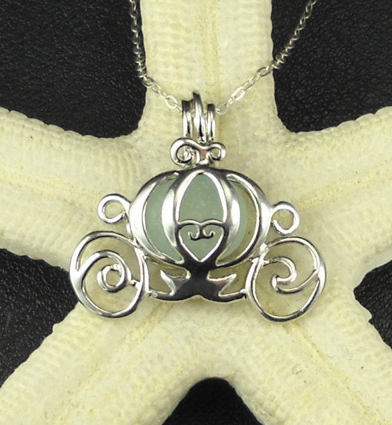 Carriage Necklace GENUINE Aqua Sea Glass Locket