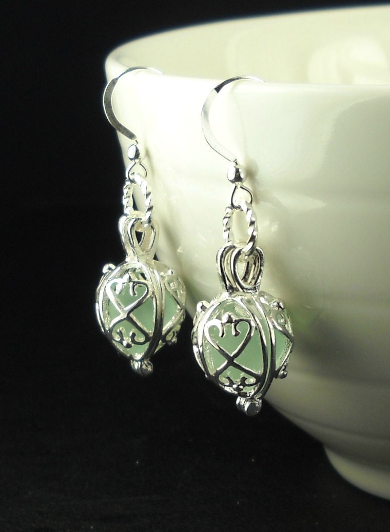 GENUINE Aqua Sea Glass Earrings Silver