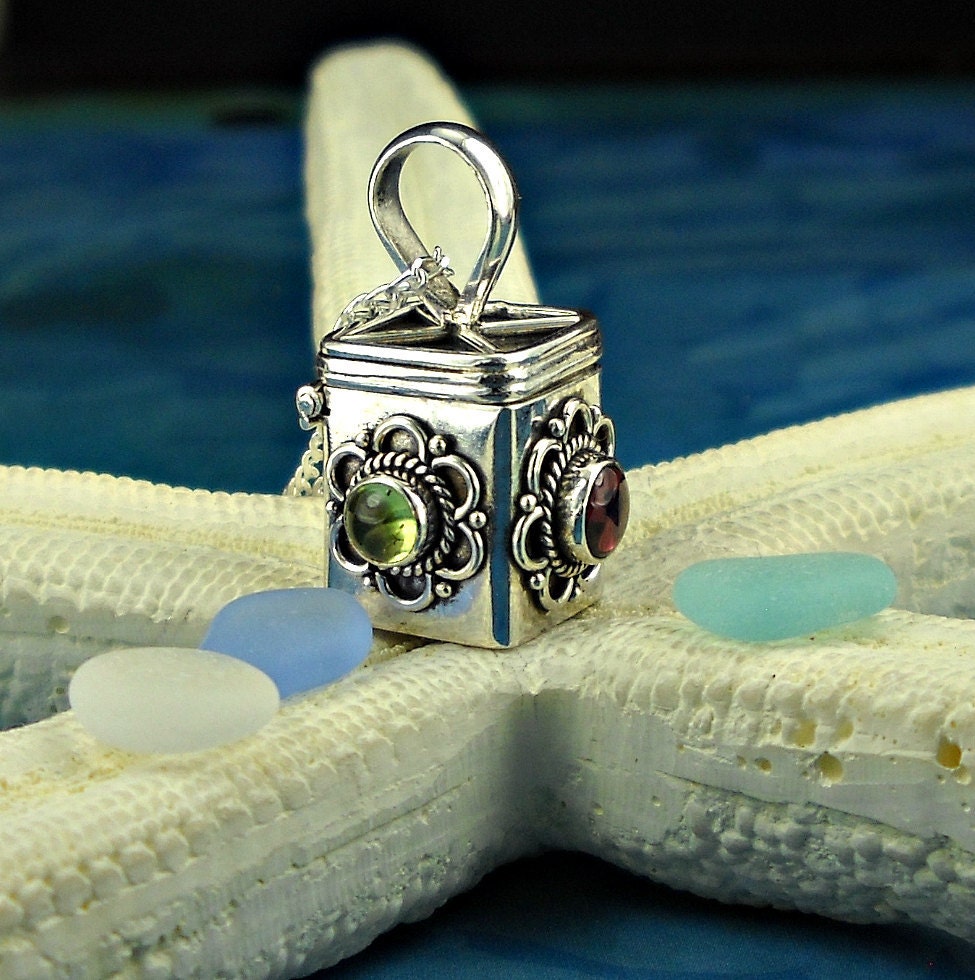 Sterling Silver Prayer Box Necklace Filled With Sea Glass Gems