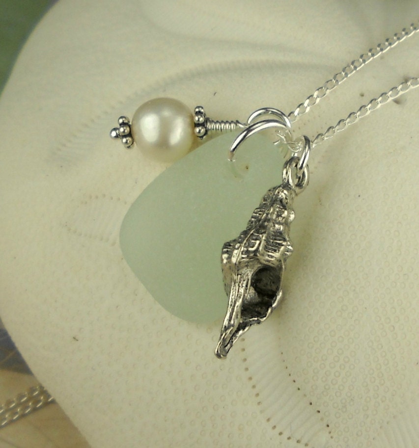 Sea Glass Pendant Necklace Pale Sea Foam Pewter Conch Shell with Pearl