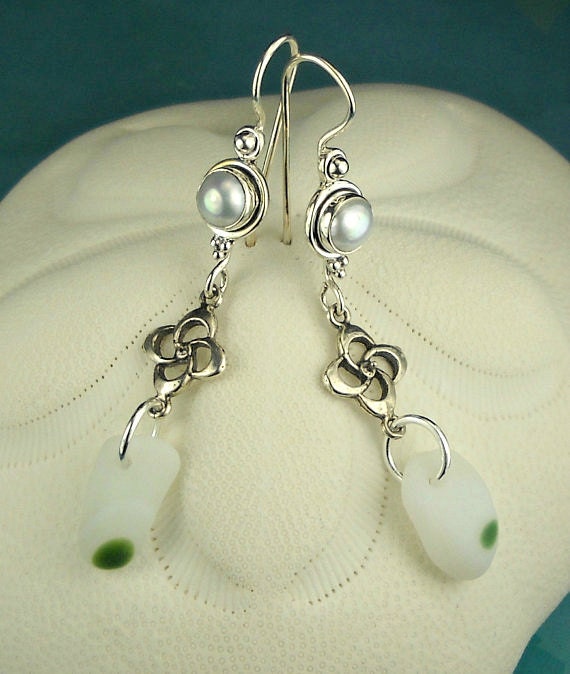 Santa Cruz Sea Glass Earrings RARE White and Green