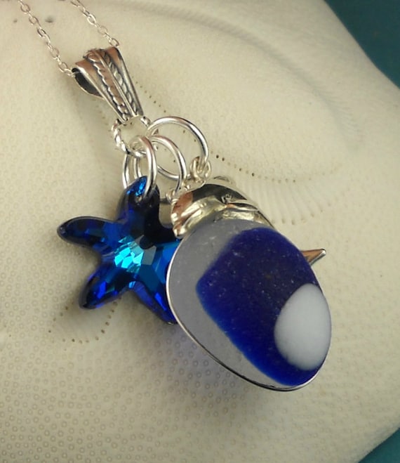 Wire Wrapped Santa Cruz Sea Glass Necklace Blue Egg With Dolphin