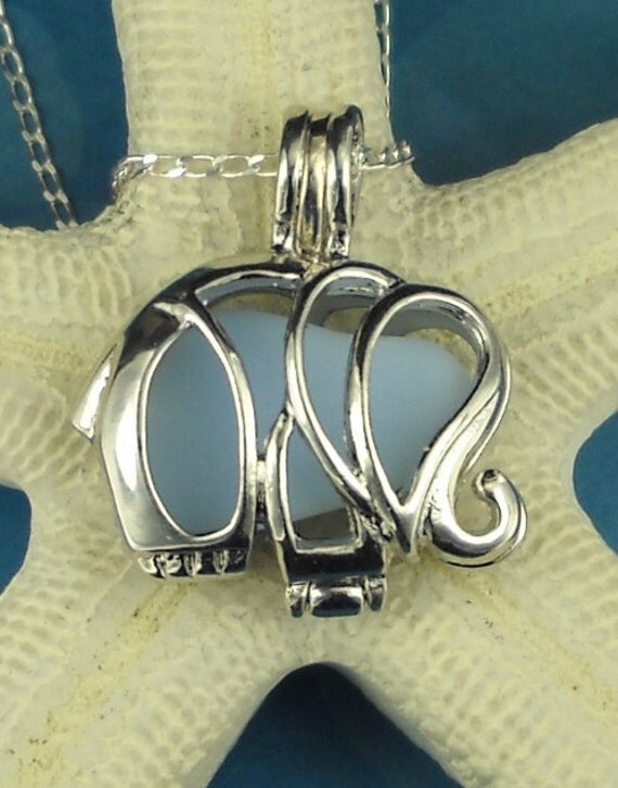 Sea Glass Necklace Elephant Locket Baby Blue Milk Glass