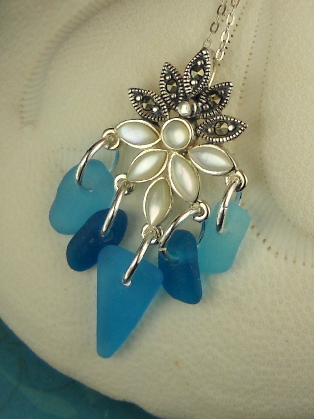 GENUINE Sea Glass Jewelry Aquamarine Necklace Sterling Silver And Mother Of Pearl