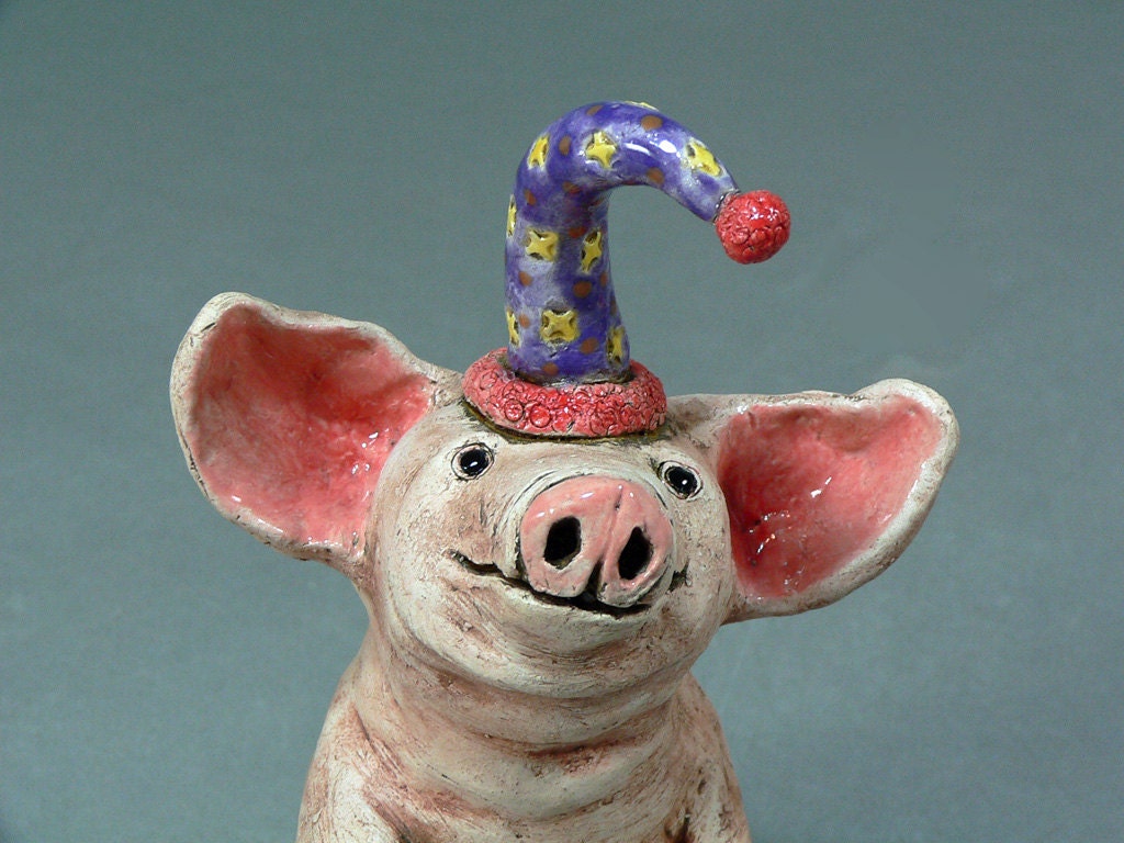 PIGNOLIA, the Party Animal Pig -    A Whimsical Clay Animal Sculpture