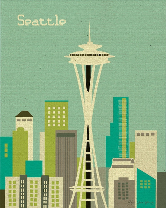 Seattle, Washington Skyline ( style E8-O-SE1 orange, style E8-O-SE2 teal) - Wall Art Poster Print Gift