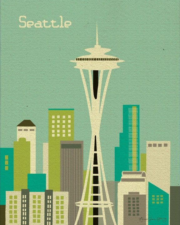 Seattle, Washington Skyline ( style E8-O-SE1 orange,  style E8-O-SE2 teal) - Wall Art  Poster Print Gift