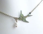 Tiny bird necklace - blue green brass patina sparrow and Swarovski pearl bead on simple delicate antique bronze chain - minimalist
