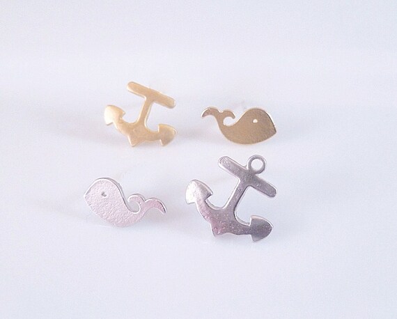 Whale Anchor Earrings - Tiny sweet mismatched whimsical pair of nautical studs in MATTE SILVER or GOLD finish - .925 sterling silver posts