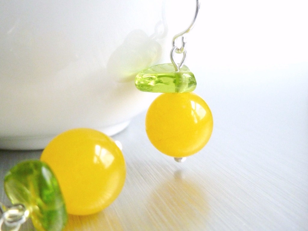 Juicy Orange Earrings - Fresh Squeezed Fruit for your Ears - small round glass ball with glass leaf on a tiny silver plated hook